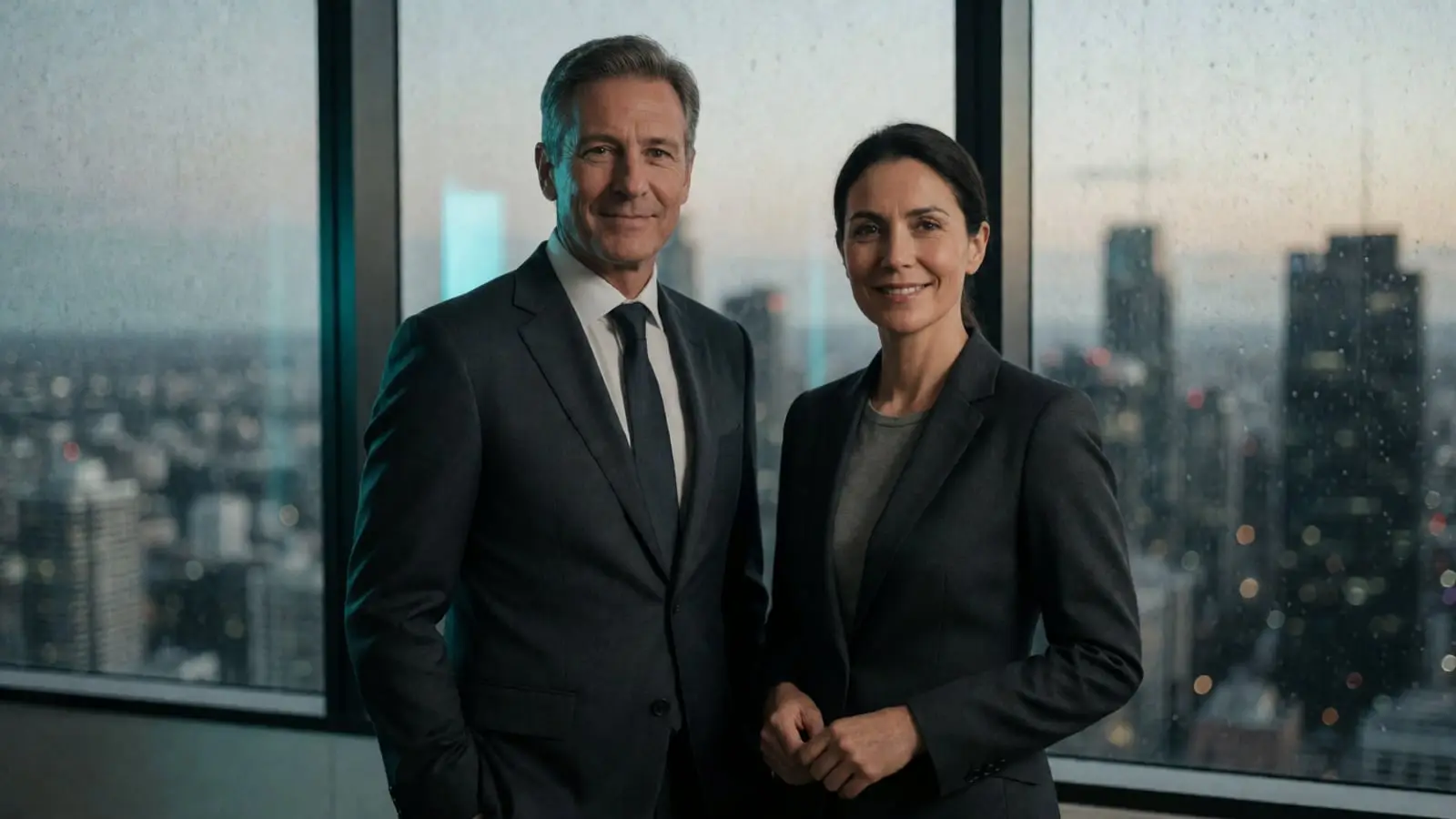 Two members of the Phone Tracker team in a modern Sydney office with the city behind them
