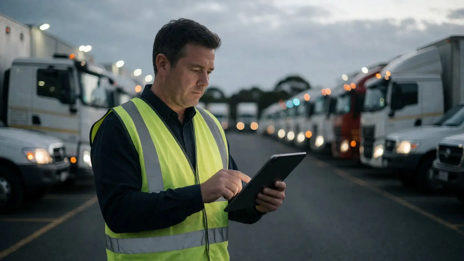 A fleet manager in a hi-vis vest reviews a tablet at a truck depot at dusk