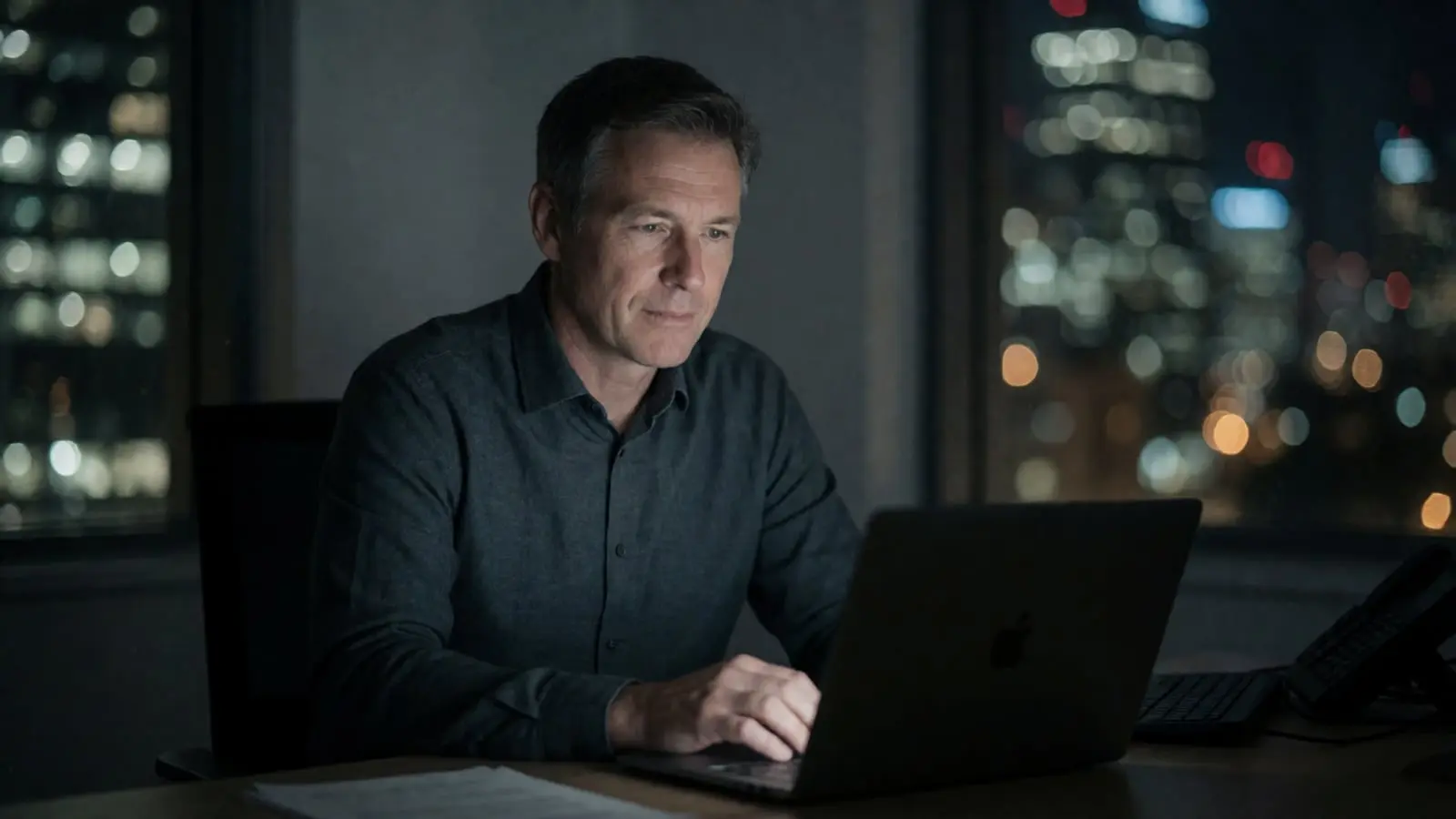 A licensed private investigator works at a laptop in a dim office overlooking Sydney at night
