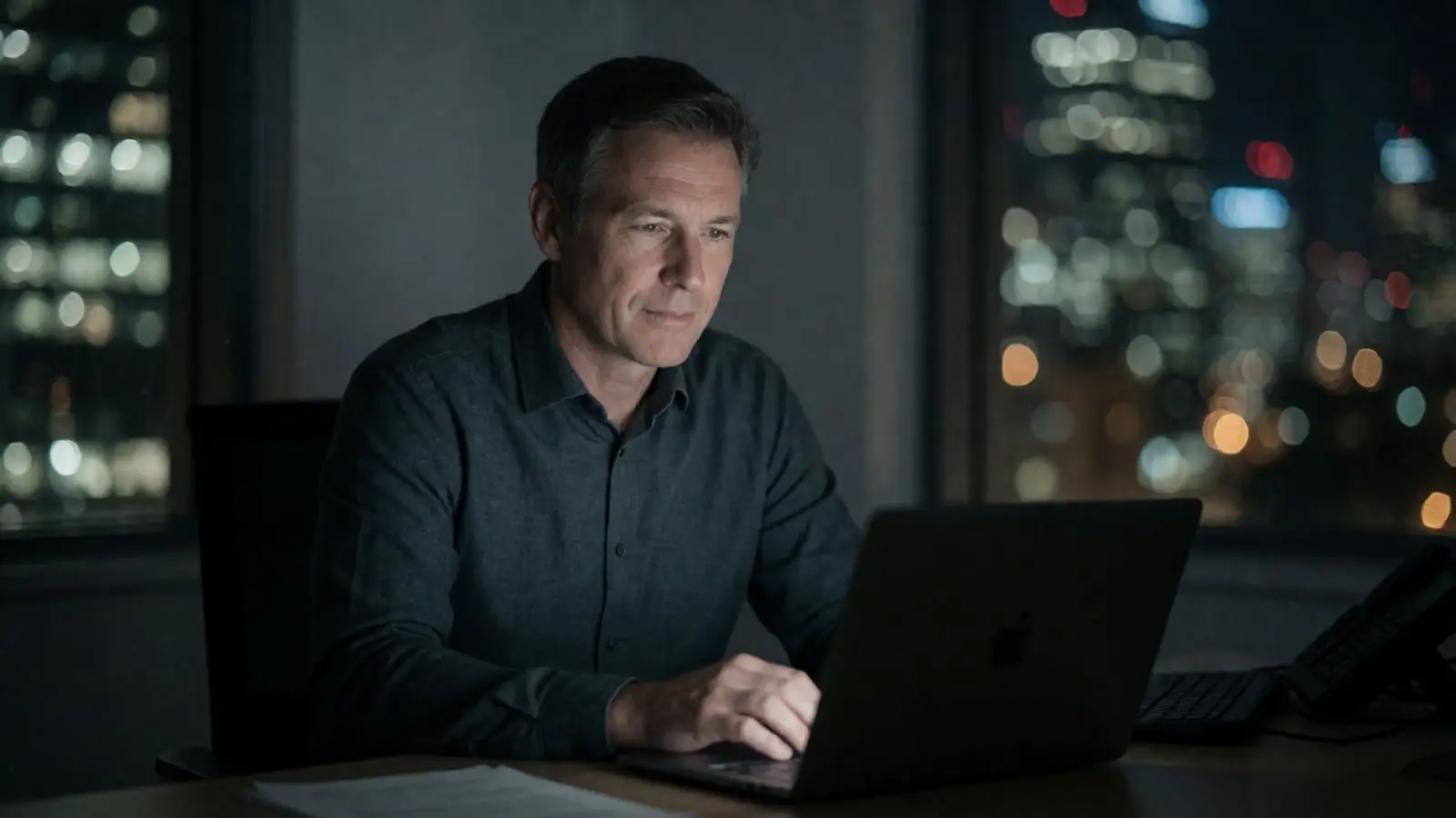 A licensed private investigator works at a laptop in a dim office overlooking Sydney at night