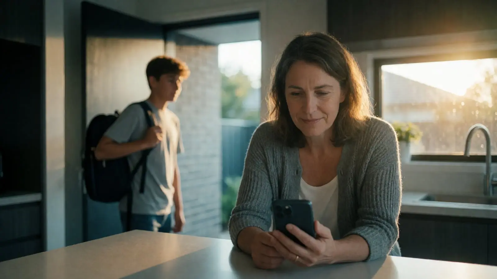 A mother checks her phone in a sunlit kitchen while her teenage son heads out the door
